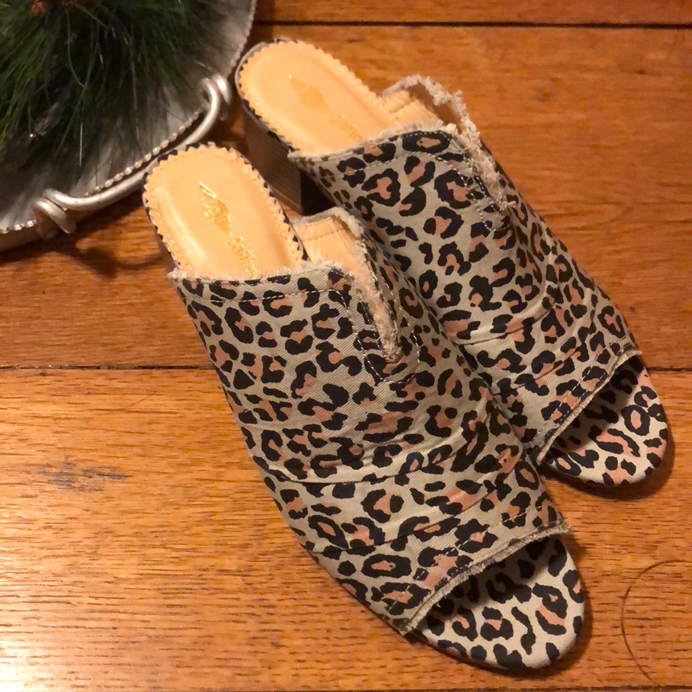 New Leopard Print Canvas Mules w/ Block Heel Sz 10